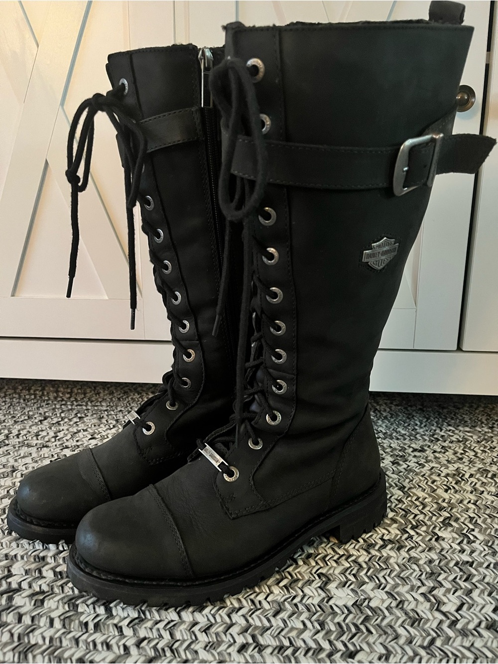 Harley Davidson Tall Lace-Up Riding Boots Women’s 8.5 Black Leather Lug Sole Zip